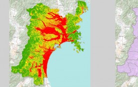 Image: Tufts' GIS Center helps students creates maps that convey complex layers of information, like senior Ray Kameda, whose map below depicts the tsunami vulnerability of Miyagi, Japan.